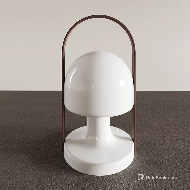 White Mushroom Shaped Table Lamp with Brown Metal Handle on Dark Gray Surface 3d model
