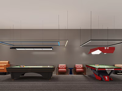 Modern Billiard Room Interior With Hanging Lights Orange Sofa And Red Chairs 3d model