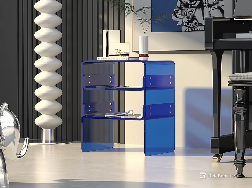 Modern Blue Transparent Acrylic Bookcase With Multiple Shelves And Decorative Items 3d model