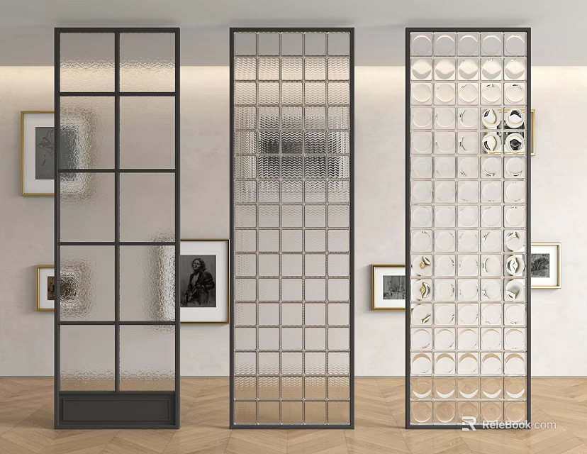 Modern Glass Partition With Various Grid Patterns And Wall Art Decor 3d model