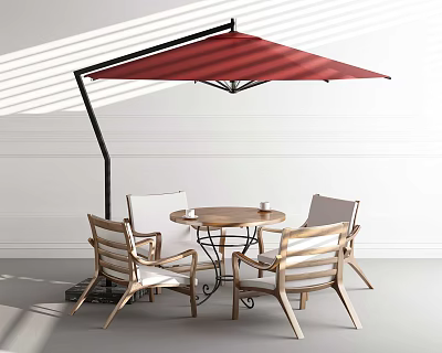 Outdoor Table With Wooden Top Metal Frame Four Chairs Red Parasol In Sunlit Patio Setting 3d model