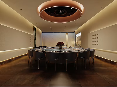 Elegant Modern Private Dining Room With Round Table Chairs Ceiling Light And Wall Decorations 3d model