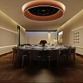 Elegant Modern Private Dining Room With Round Table Chairs Ceiling Light And Wall Decorations