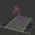 Armored Humanoid Character With Weapon On Grid Platform With Yellow Lines