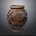 Decorative Brown Ceramic Pottery Jar With Intricate Carved Floral Patterns