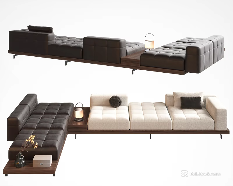 Dark and Light Colored Sectional Sofa with Modular Design Cushions Side Table and Lamp 3d model