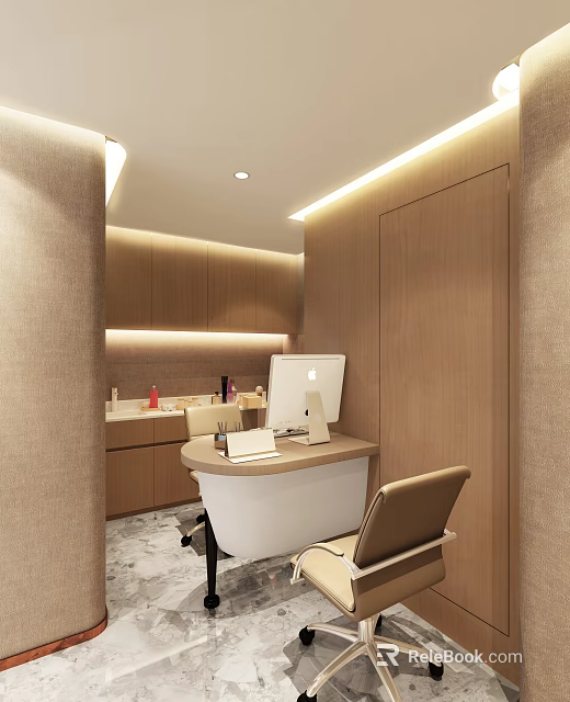 Modern Workspace With Wooden Cabinets White Curved Desk Apple Computer And Beige Chair 3d model 