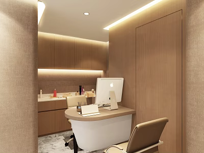 Modern Workspace With Wooden Cabinets White Curved Desk Apple Computer And Beige Chair 3d model