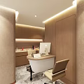 Modern Workspace With Wooden Cabinets White Curved Desk Apple Computer And Beige Chair