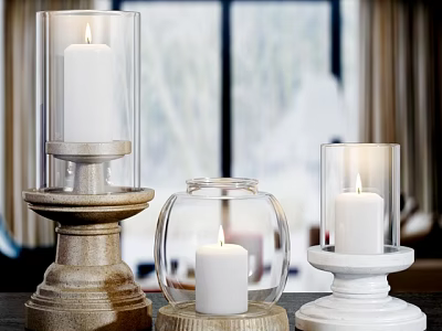 Decorative Candle Lamps With Various Designs Wooden And White Bases Glass Shades For Home Decor 3d model