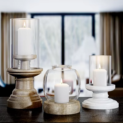 Decorative Candle Lamps With Various Designs Wooden And White Bases Glass Shades For Home Decor 3d model