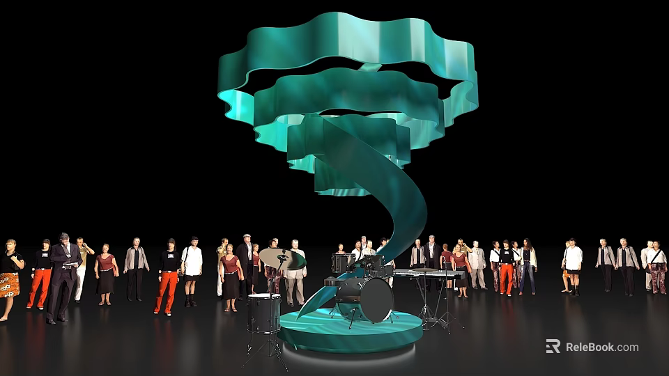 Green Curved Spiral Art Installation With Platform And People Gathered 3d model 