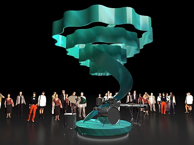 Green Curved Spiral Art Installation With Platform And People Gathered 3d model