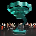 Green Curved Spiral Art Installation With Platform And People Gathered
