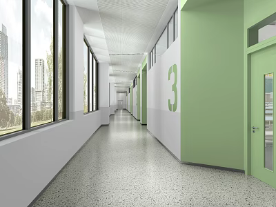 Modern Office Corridor with Spacious Green Walls Number 3 Glass Doors Windows and Natural Light 3d model