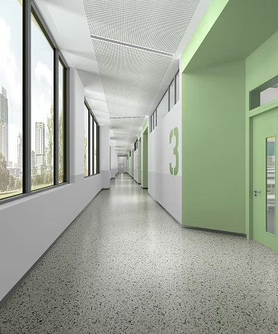 Modern Office Corridor with Spacious Green Walls Number 3 Glass Doors Windows and Natural Light 3d model