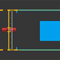 Yellow Gantry Crane Setup With Red Cylindrical Object And Blue Cuboid Structure