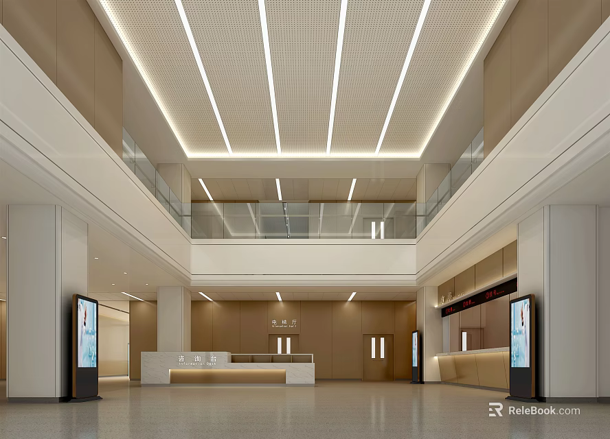 Modern Reception Area Interior Design With Spacious Lobby Double Height Ceiling And Digital Screens 3d model