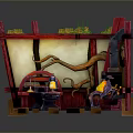 Man Working At Blacksmith Forge With Anvil Tools Workbench And Wooden Ladder