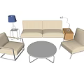 Modern White Sofa and Black Round Coffee Table with Two Armchairs Side Tables and Lamps