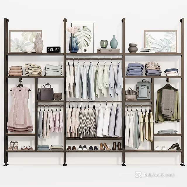 Neatly Organized Closet With Hanging Folded Clothes Bags Shoes And Decorative Items 3d model 