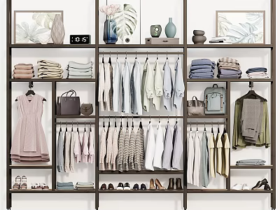 Neatly Organized Closet With Hanging Folded Clothes Bags Shoes And Decorative Items 3d model