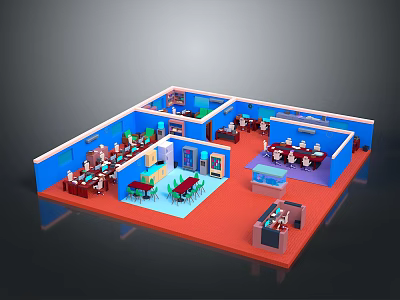 Indoor Restaurant Interior Design With Tables Chairs Counter Blue Walls And Red Floor 3d model