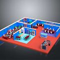 Indoor Restaurant Interior Design With Tables Chairs Counter Blue Walls And Red Floor