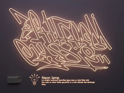 Neon Light Fixture With White Light Wired To Wall Gray Backboard And Decorative Graffiti Lettering 3d model