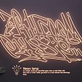 Neon Light Fixture With White Light Wired To Wall Gray Backboard And Decorative Graffiti Lettering