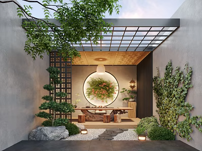 Outdoor Tea Room Tea Room Tea Table Courtyard Landscape Root Carving Tea Table Landscape Wall Plants Landscape Plants 3d model
