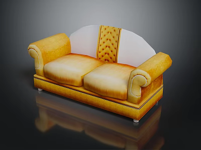 Elegant Golden Two Seater Sofa with Tufted Back and Scroll Arms 3d model