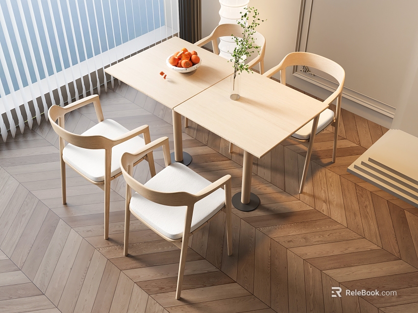Modern Dining Table Set With Four Chairs Fruit Bowl Vase And Wooden Floor 3d model 