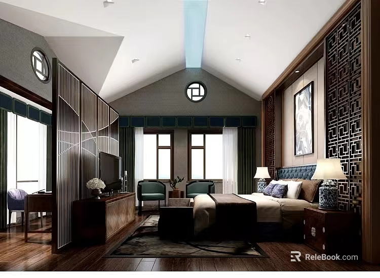 Modern Chinese Style Hotel Guest Room With Wooden Decor Lattice Partition And King Bed 3d model 