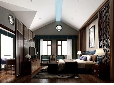Modern Chinese Style Hotel Guest Room With Wooden Decor Lattice Partition And King Bed 3d model