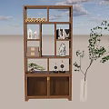Wooden Shelving Unit With Multiple Shelves Displaying Decorative Items And Green Plant