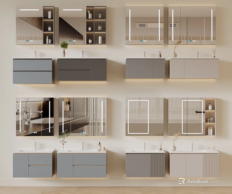 Modern Bathroom Vanity With Mirrored Cabinets Multiple Designs And Storage Shelves 3d model