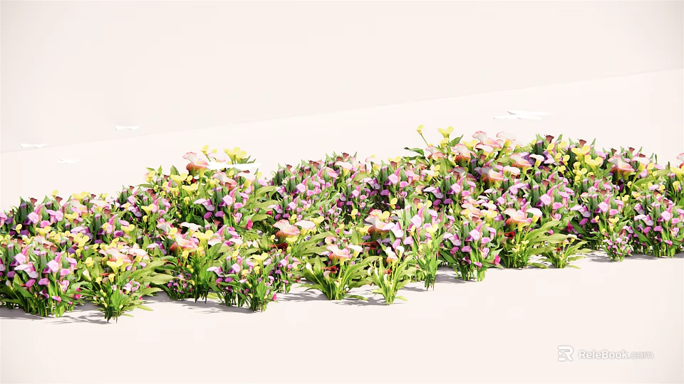 Colorful Flowers and Plants with Colorful Blooms Green Leaves Arranged in a Row on White Background 3d model 