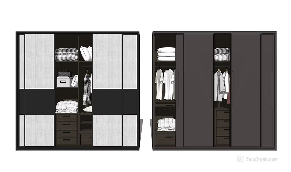 Modern Wardrobe Design With Hanging Rods Stacked Clothes And Drawers 3d model 