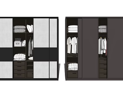 Modern Wardrobe Design With Hanging Rods Stacked Clothes And Drawers 3d model