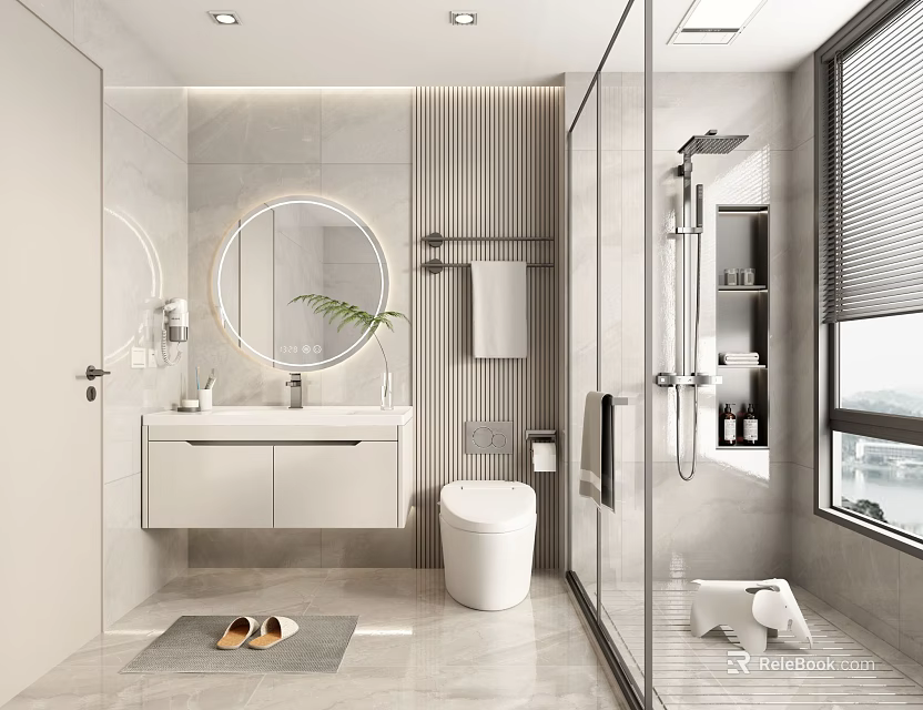 Modern Bathroom Interior Design With Round Mirror Vanity Toilet And Shower Area 3d model 