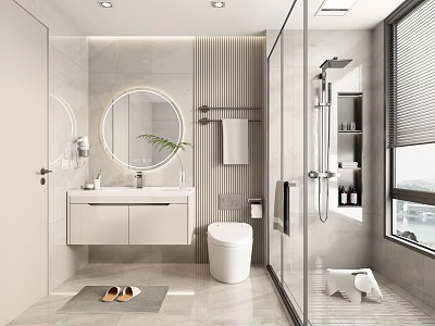 Modern Bathroom Interior Design With Round Mirror Vanity Toilet And Shower Area 3d model