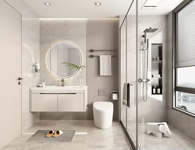 Modern Bathroom Interior Design With Round Mirror Vanity Toilet And Shower Area 3d model