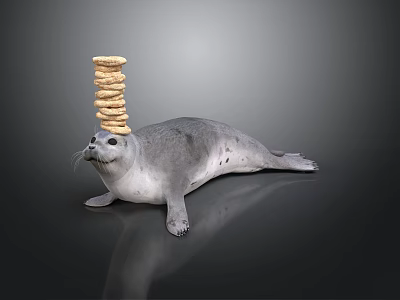 Adorable Gray Seal Balancing Stack of Cookies on Head Against Dark Background 3d model