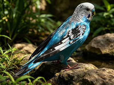 Blue Parrot Standing On Rocks With Green Plants And Water In Natural Habitat 3d model