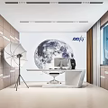 Modern Public Office Space with Large Moon Graphic White Desk Computer and Windows 3d model