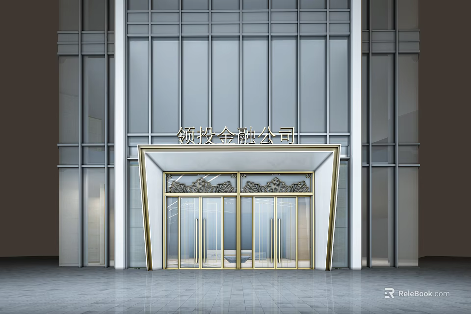 Modern Financial Company Storefront with Glass Curtain Walls Golden Door Frames and Elegant Signage 3d model 