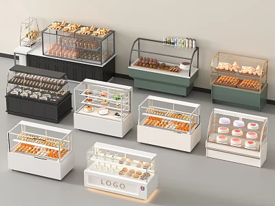 Bakery Display Shelves with Various Pastries Breads and Desserts in Different Colors 3d model