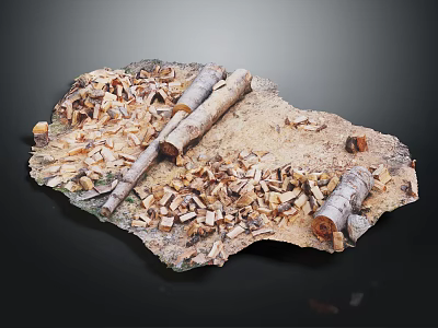 Natural Wood and Stone Artisanal Decor Featuring Logs Wood Shavings and Textured Stone Slab 3d model