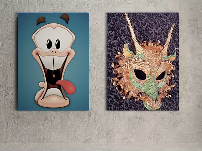 Colorful Wall Decorative Paintings With Cartoon Character And Dragon Mask Artwork 3d model